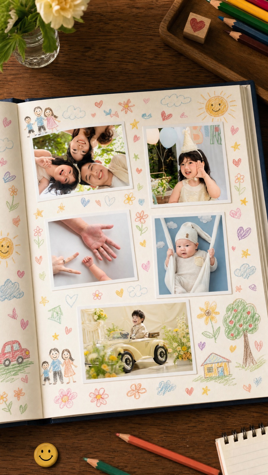 Album ký ức đã in, mở trên bàn gỗ: ảnh cả nhà, bé cầm bóng bay, bàn tay ba mẹ chạm tay bé, ảnh newborn và bé ngồi ô tô đồ chơi, quanh trang là hình vẽ sáp màu.